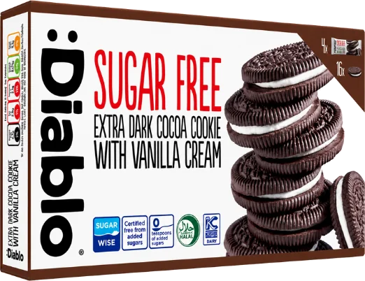 :Diablo Extra dunkle Sandwichkekse mit Vanillecreme ohne Zuckerzusatz
